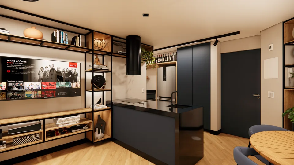 Cozinha, jantar e estar integrados de apartamento no Morumbi