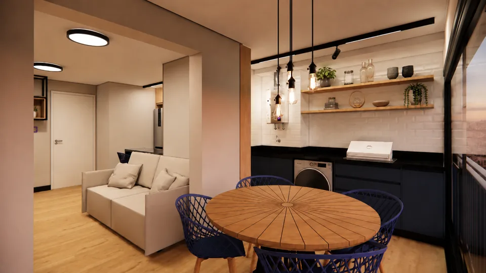 Área social integrada de apartamento no Butantã